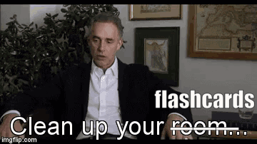 The Jordan Peterson 'clean up your room' meme, edited so 'room' is crossed out and 'flashcards' is scrawled above it.